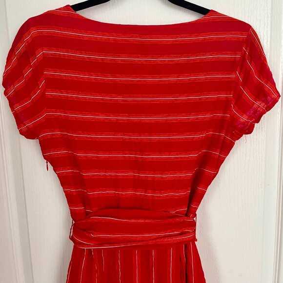 Tristan Red Striped Faux Wrap Cotton Blend V Neck Dress with Tie Belt Cap Sleeve - Picture 11 of 15